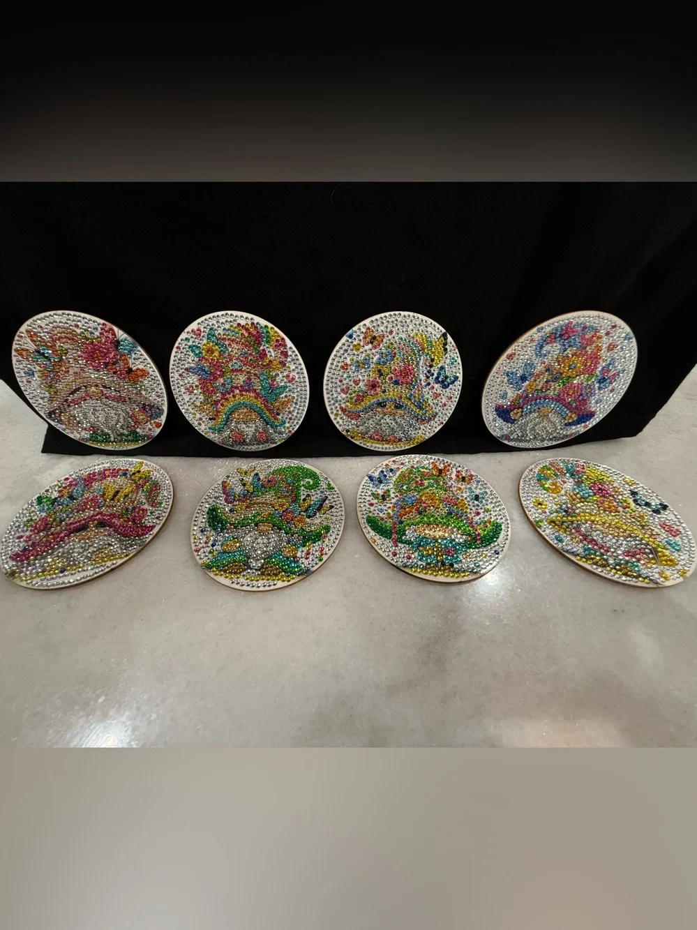 Sparkly Rhinestone Art Gnome Drink Coaster, Whimsical Home Decor 8 coasters